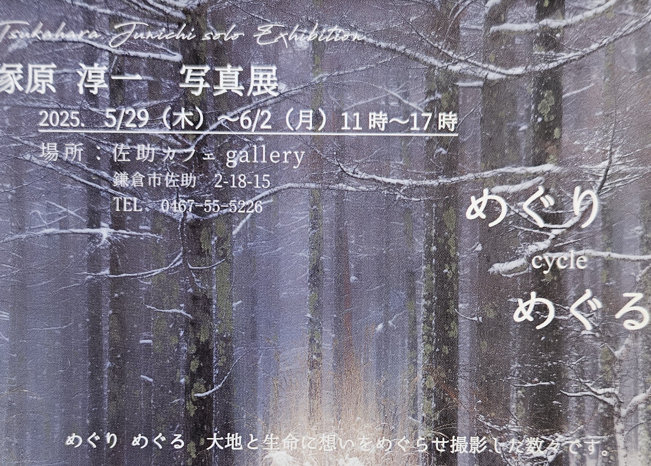 佐助カフェで出展した「めぐり めぐる　塚原 淳一 写真展」の展示イメージ1